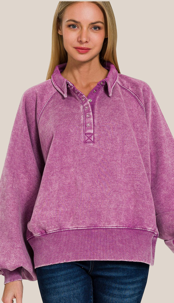 Call It Cozy Acid Wash Fleece Button Pullover- Lt Plum