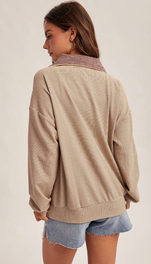 Halle Half Zip Stripe Mixed Brushed Pullover- Ecru/Purple