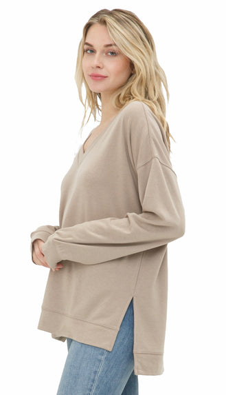 Carmen Soft V Neck Lightweight Sweater- Beige