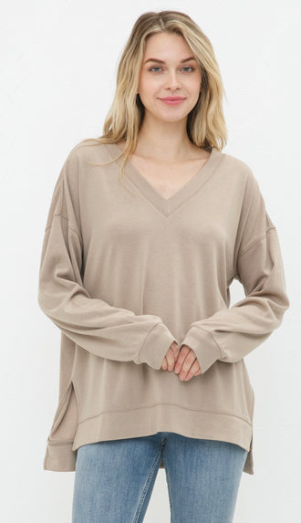 Carmen Soft V Neck Lightweight Sweater- Beige