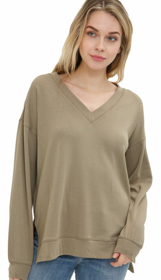 Carmen Soft V Neck Lightweight Sweater- Olive