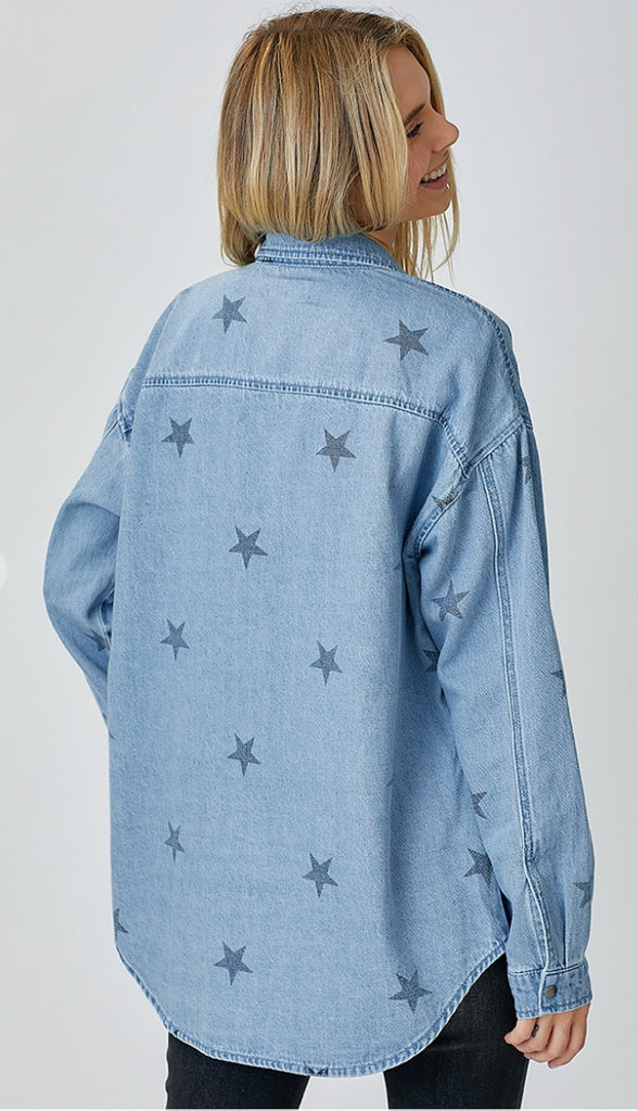 Star Of The Show Oversized Denim Shirt- Ice Blue
