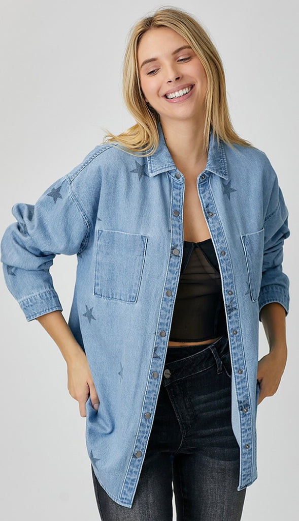 Star Of The Show Oversized Denim Shirt- Ice Blue