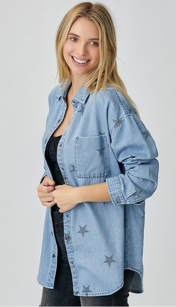 Star Of The Show Oversized Denim Shirt- Ice Blue