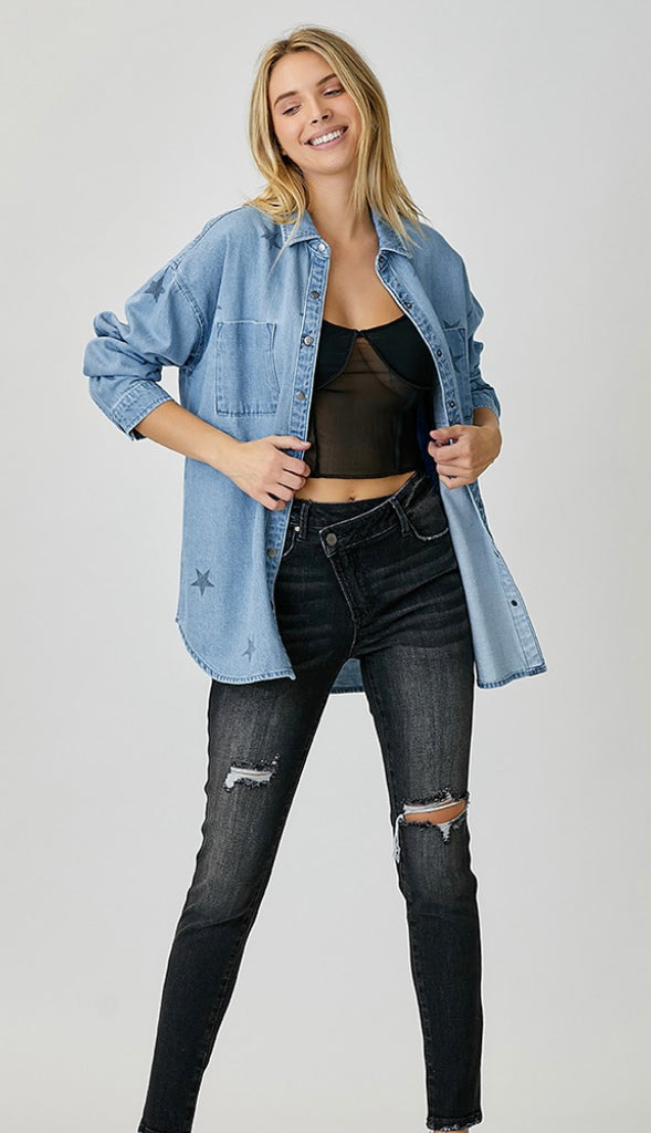 Star Of The Show Oversized Denim Shirt- Ice Blue