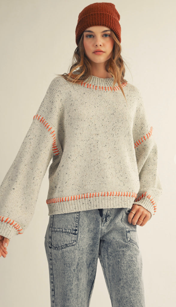 Stitched Relaxed Fit Ribbed Sweater- Light Grey/Rust