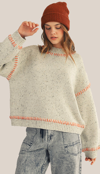 Stitched Relaxed Fit Ribbed Sweater- Light Grey/Rust