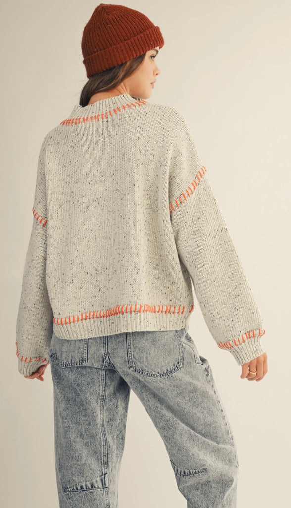 Stitched Relaxed Fit Ribbed Sweater- Light Grey/Rust