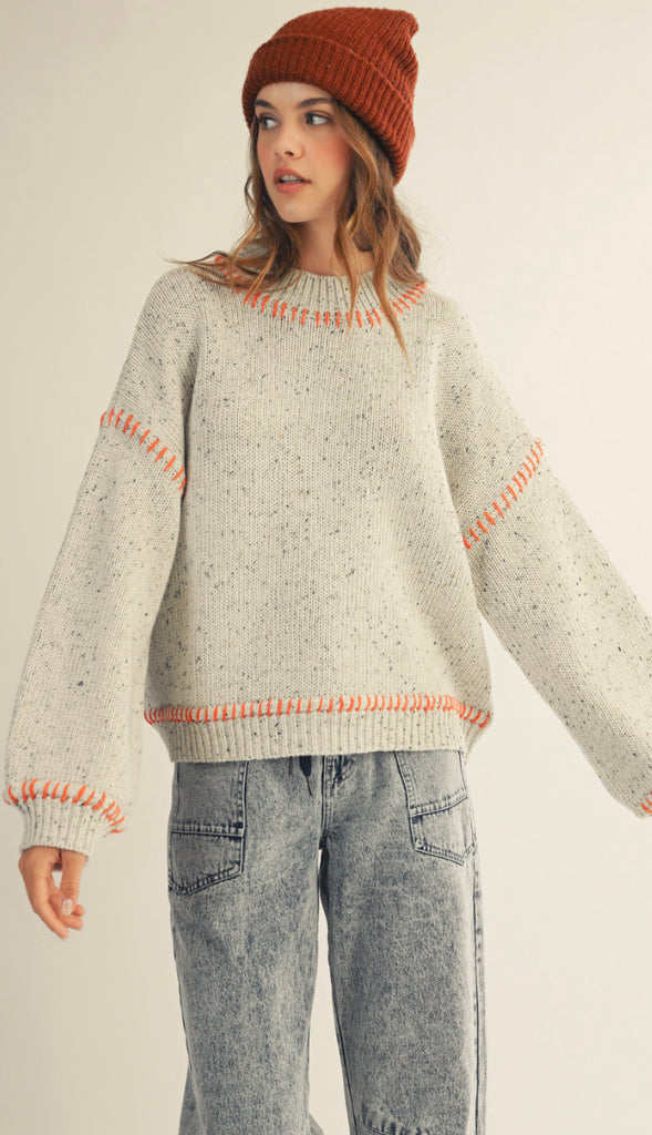 Stitched Relaxed Fit Ribbed Sweater- Light Grey/Rust
