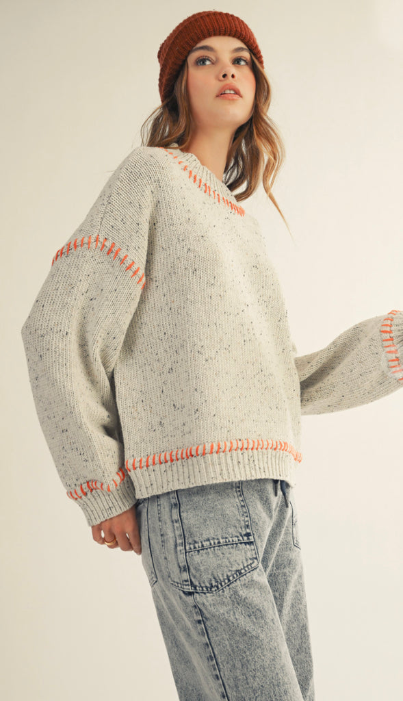 Stitched Relaxed Fit Ribbed Sweater- Light Grey/Rust
