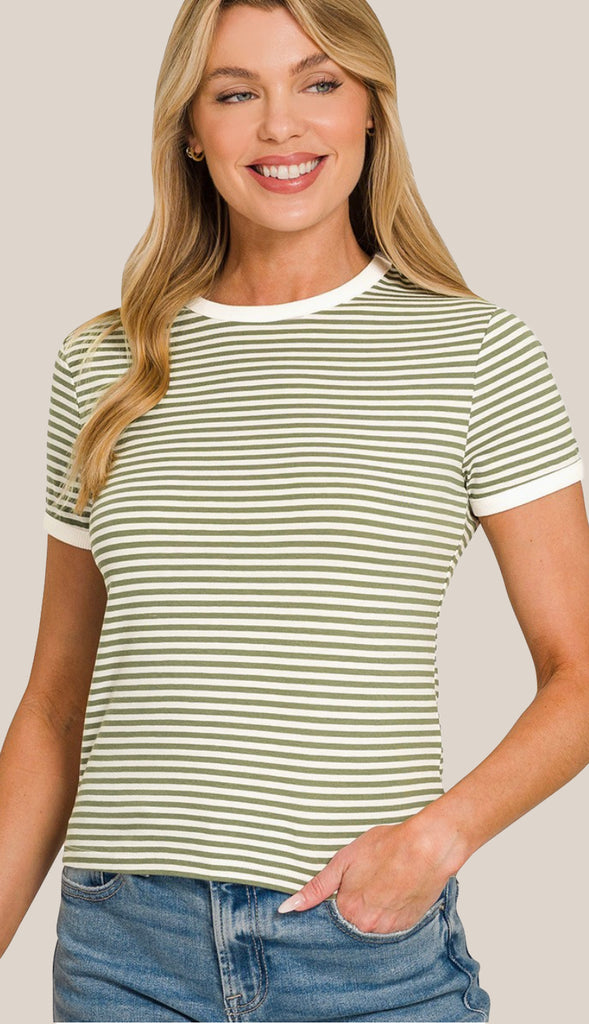 Bryn Striped Contrast Trim Ribbed Tee- Brown