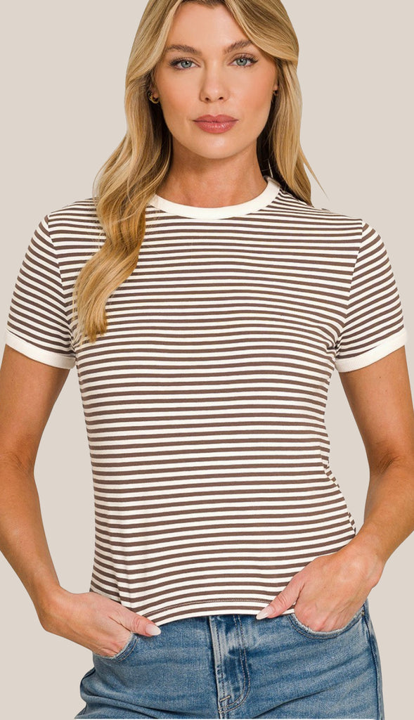 Bryn Striped Contrast Trim Ribbed Tee- Brown