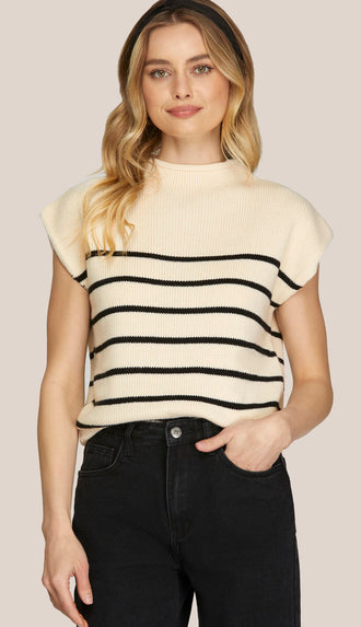 Maggie Mock Neck Stripe Sweater Top- Cream
