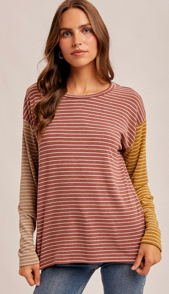 Harvest Comfort Striped Color Block Knit Top- Burgundy/Taupe