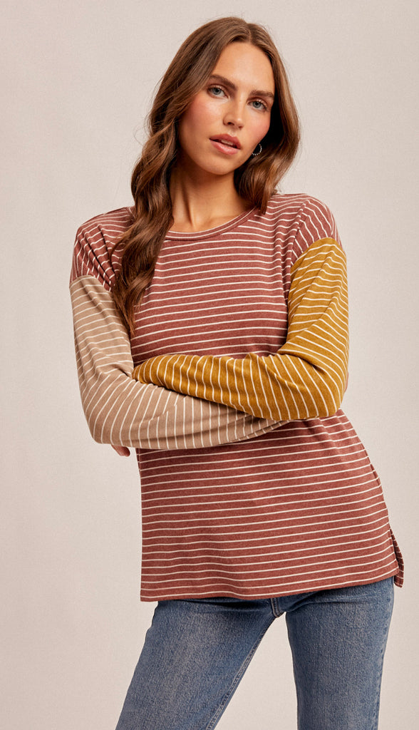Harvest Comfort Striped Color Block Knit Top- Burgundy/Taupe