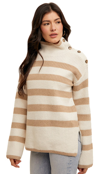 Jovie Button Turtle Neck Stripe Sweater- Taupe