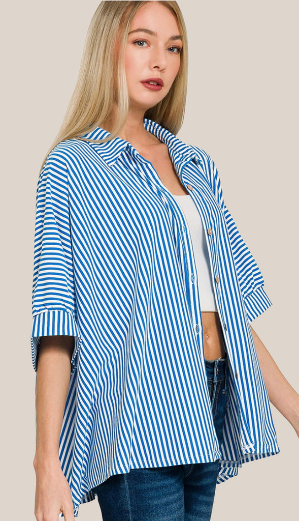 Shore Thing Oversized Striped Button Shirt- Ocean Blue