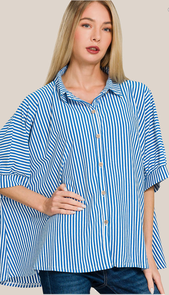 Shore Thing Oversized Striped Button Shirt- Ocean Blue