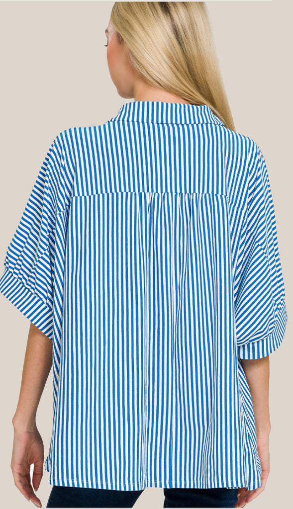 Shore Thing Oversized Striped Button Shirt- Ocean Blue