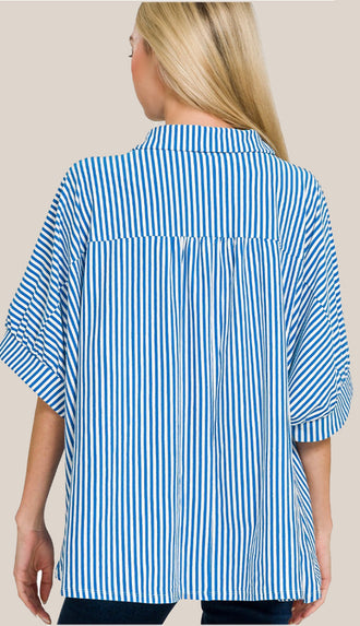 Shore Thing Oversized Striped Button Shirt- Ocean Blue