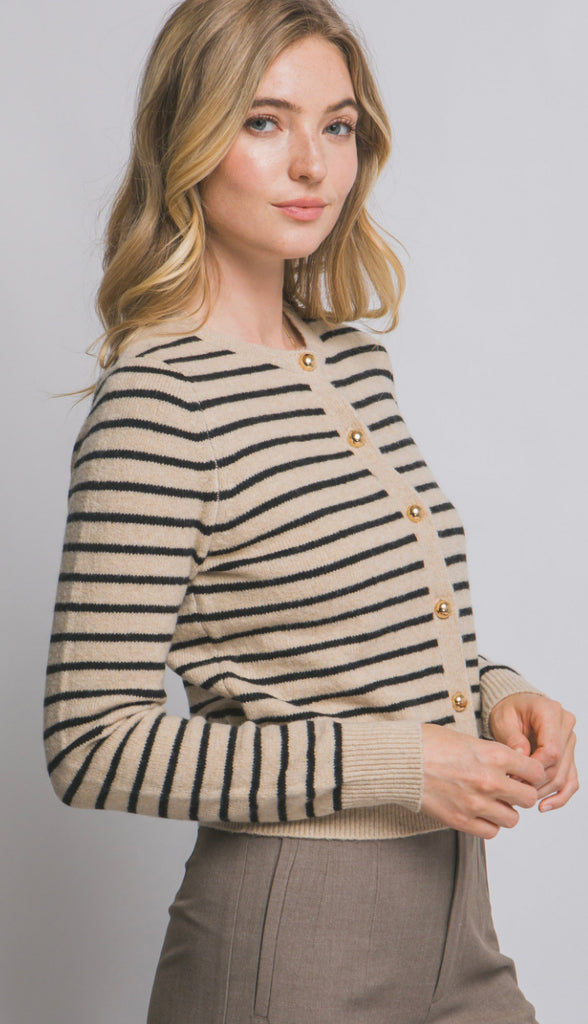 Ophelia Striped Crew Neck Cardigan- Khaki