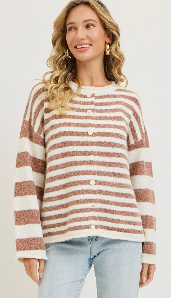 Everyday Relaxed Striped Cardigan- Cinnamon