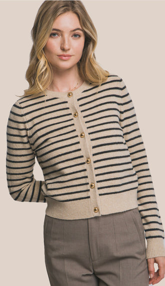 Ophelia Striped Crew Neck Cardigan- Khaki
