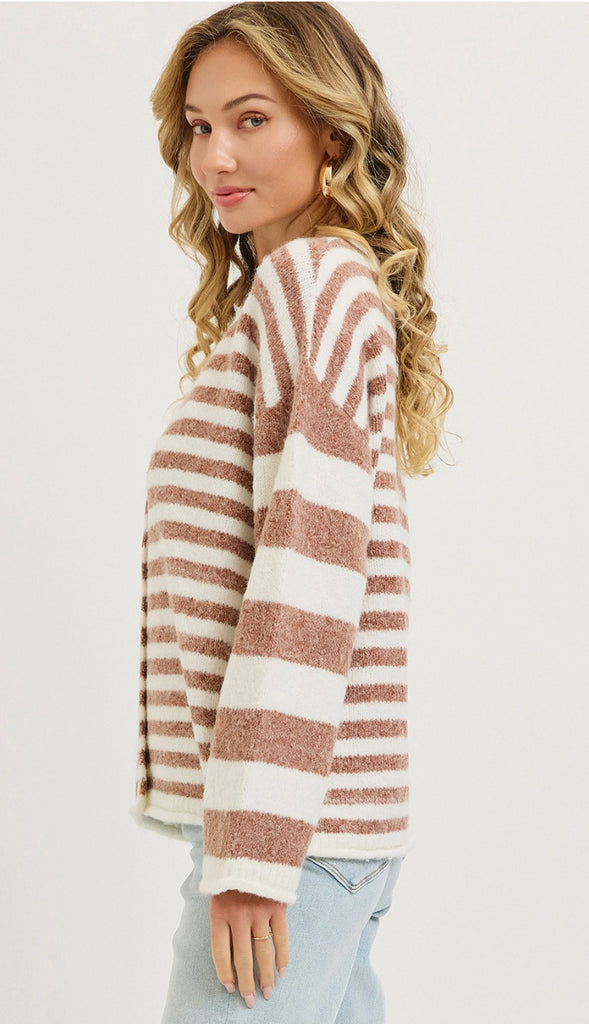 Everyday Relaxed Striped Cardigan- Cinnamon