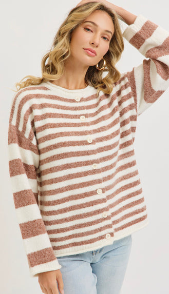 Everyday Relaxed Striped Cardigan- Cinnamon