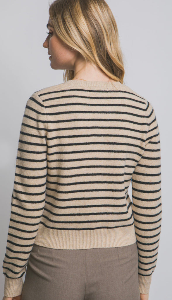 Ophelia Striped Crew Neck Cardigan- Khaki