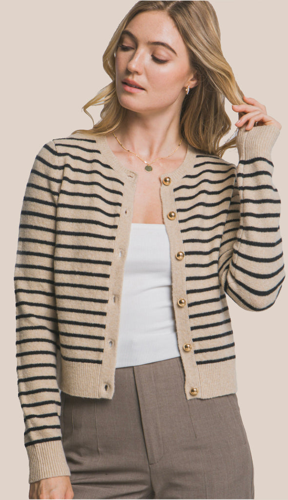 Ophelia Striped Crew Neck Cardigan- Khaki