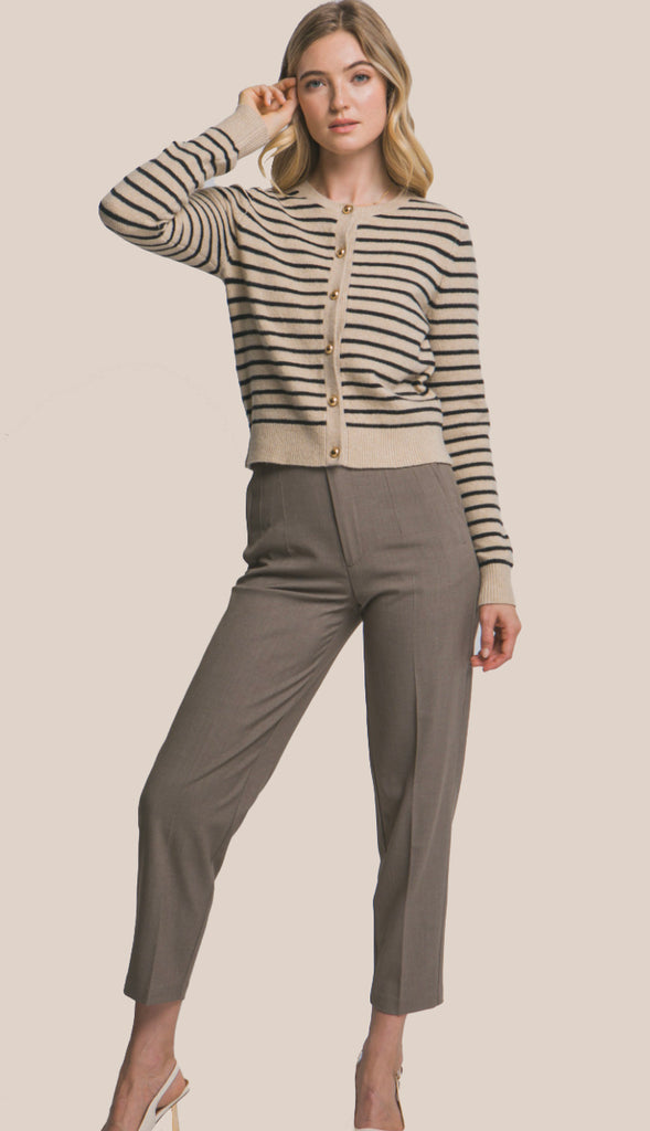 Ophelia Striped Crew Neck Cardigan- Khaki