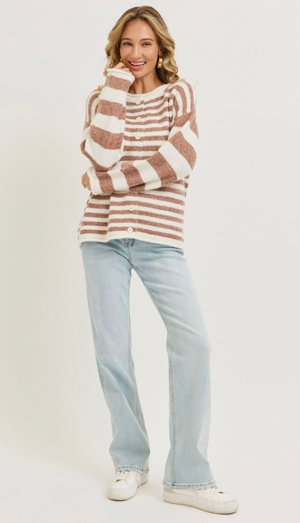 Everyday Relaxed Striped Cardigan- Cinnamon