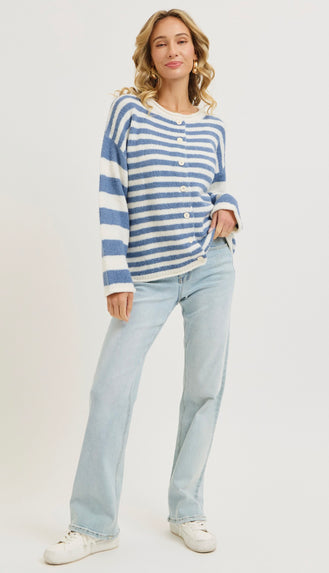 Everyday Relaxed Striped Cardigan- Blue
