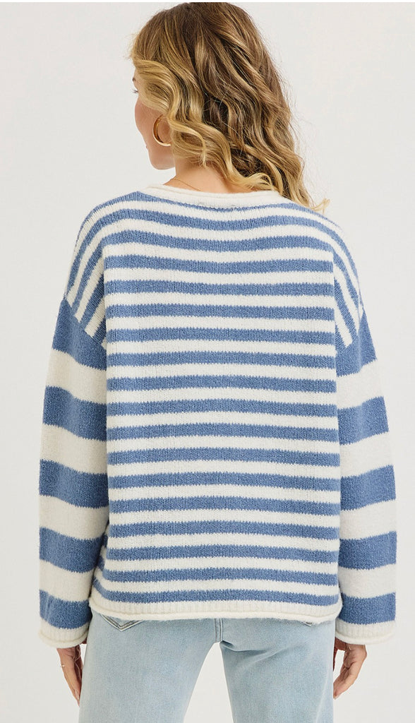 Everyday Relaxed Striped Cardigan- Blue