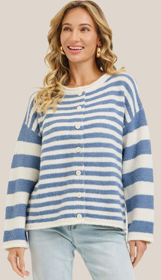 Everyday Relaxed Striped Cardigan- Blue