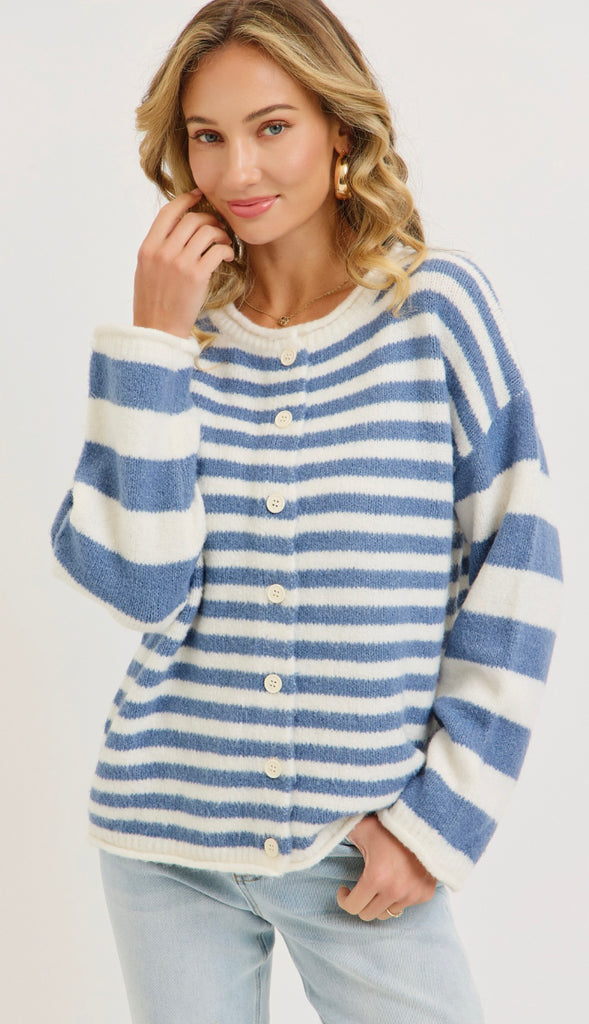 Everyday Relaxed Striped Cardigan- Blue