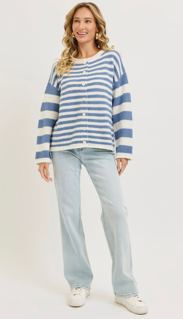 Everyday Relaxed Striped Cardigan- Blue