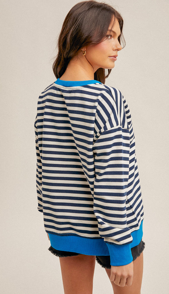 Free People Dupe Stripe Oversized Sweatshirt- Navy
