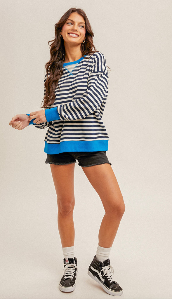 Free People Dupe Stripe Oversized Sweatshirt- Navy