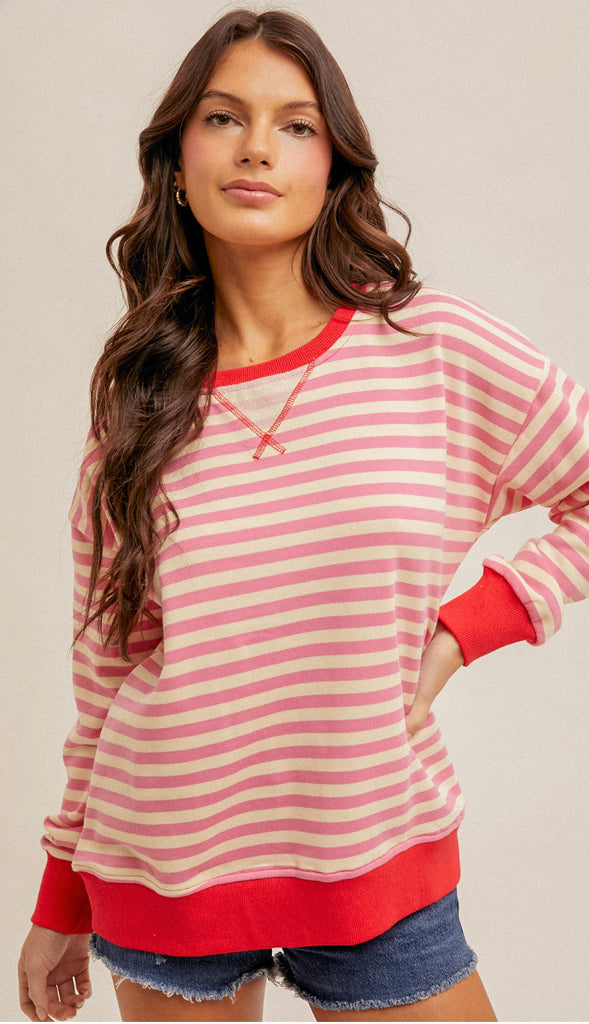 Free People Dupe Stripe Oversized Sweatshirt- Cotton Candy Pink