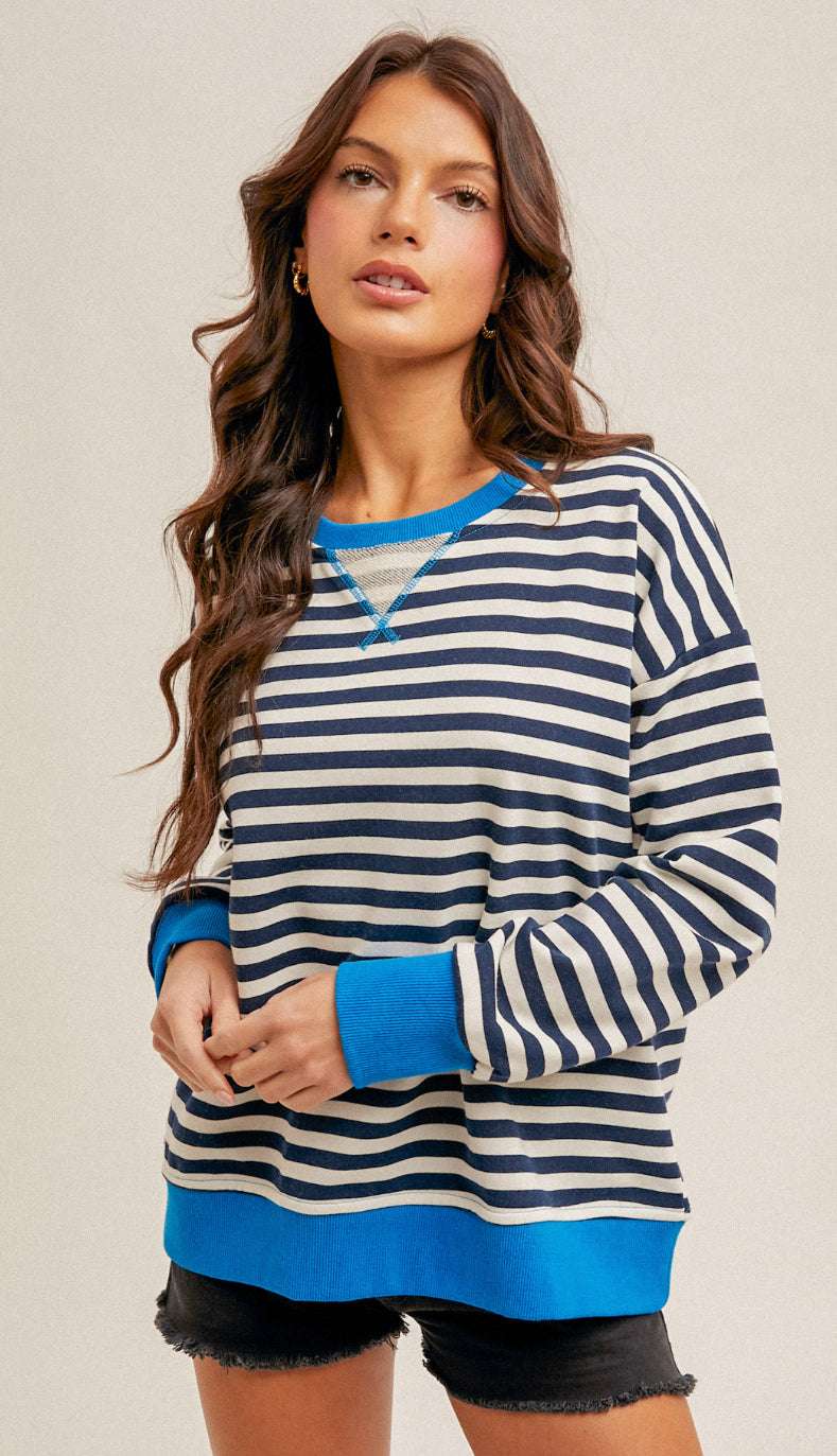 Free People Dupe Stripe Oversized Sweatshirt- Navy