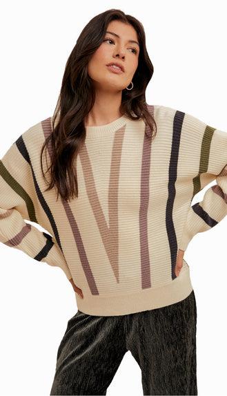 Lucy Multi Stripe Dolman Sweater- Cream