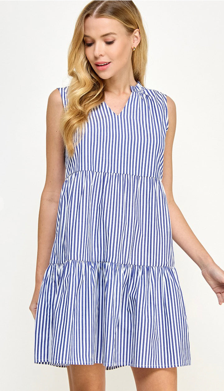 Mandi Tiered Stripe Dress- Blue