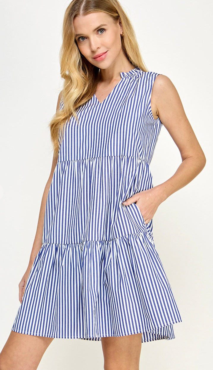 Mandi Tiered Stripe Dress- Blue