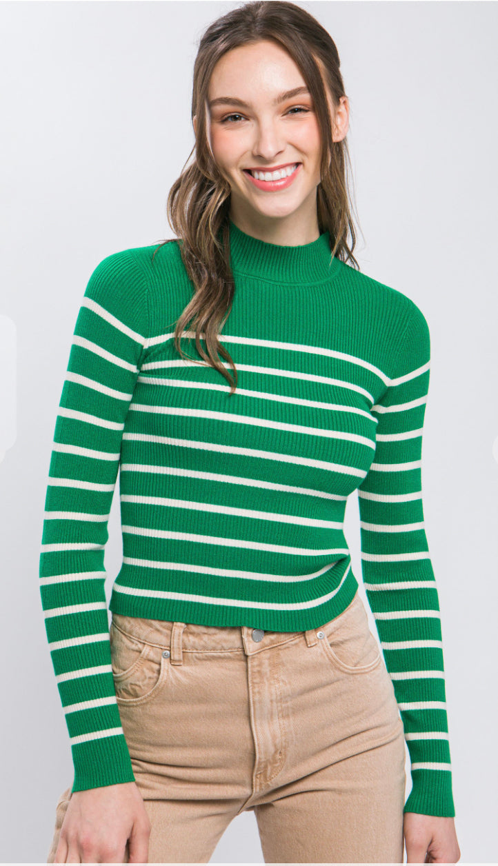 Jacie Striped Ribbed Top- Green