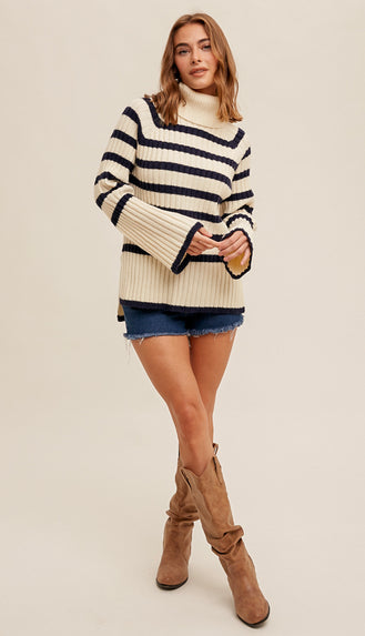 Bristol Turtle Neck Stripe Sweater- Cream
