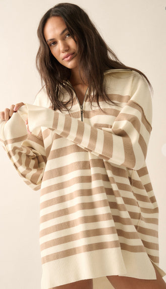 Wow That's Comfy 3/4 Zip Stripe Sweater- Cream/Sand