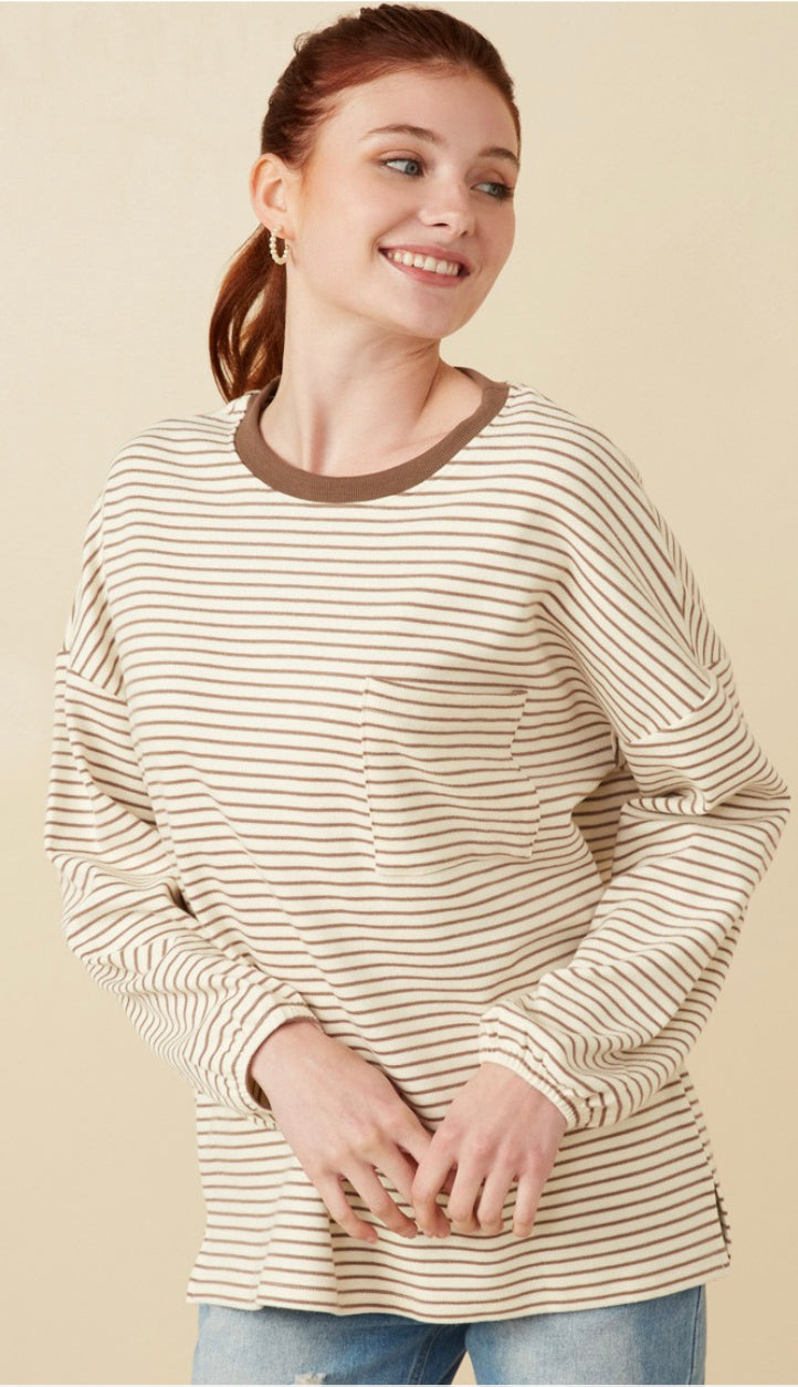 Everyday Gal Stripe Pocket Top- Taupe