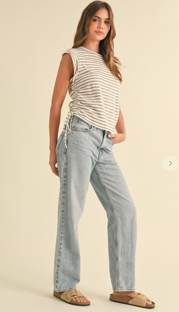 Gigi Stripe Side Drawstring Top- Tan